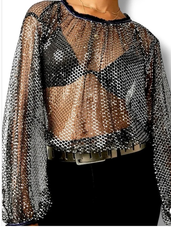 Free People Tops - Free People Black Mesh Sequin Blouse with Silver Sparkle
